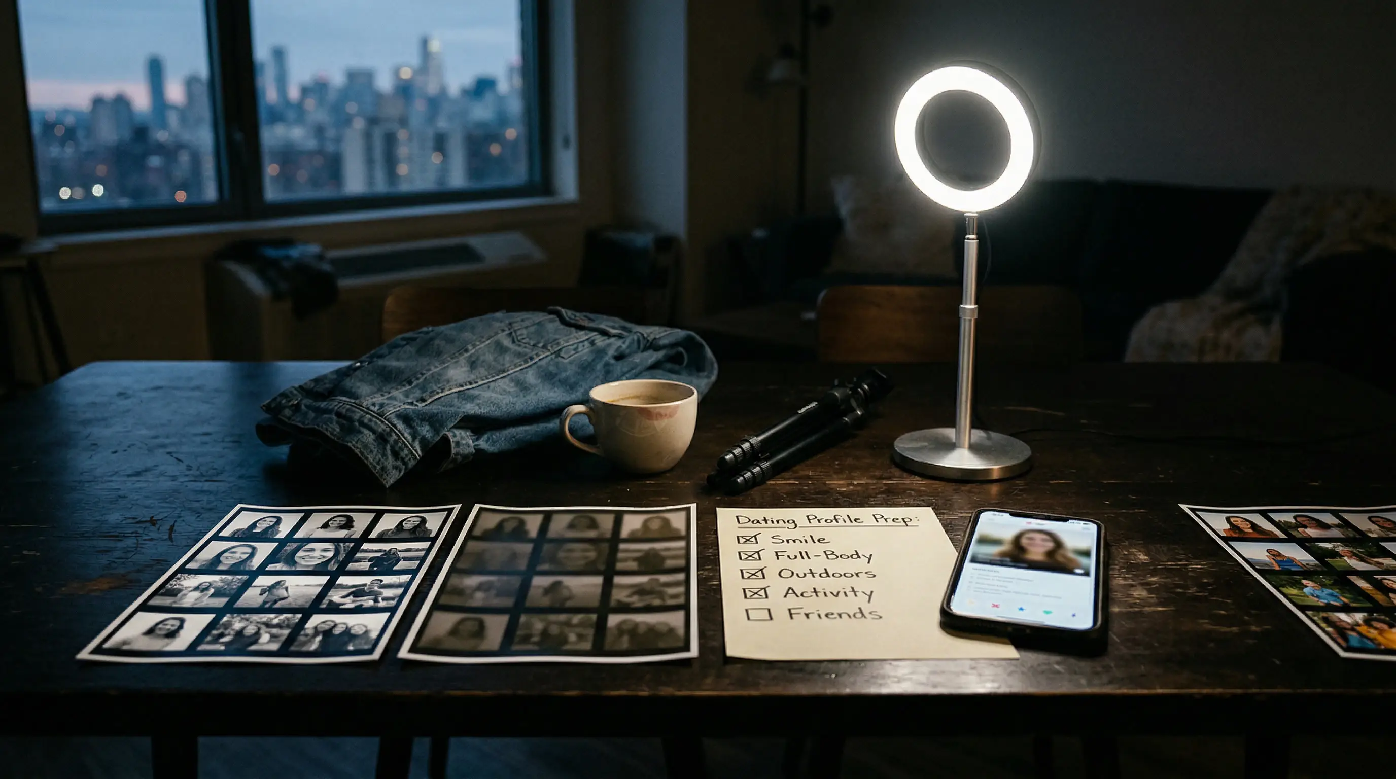 Dimly lit table with ring light, contact-sheet prints, a smartphone showing a dating app, a handwritten checklist, coffee and a denim jacket — city skyline blurred in the window behind