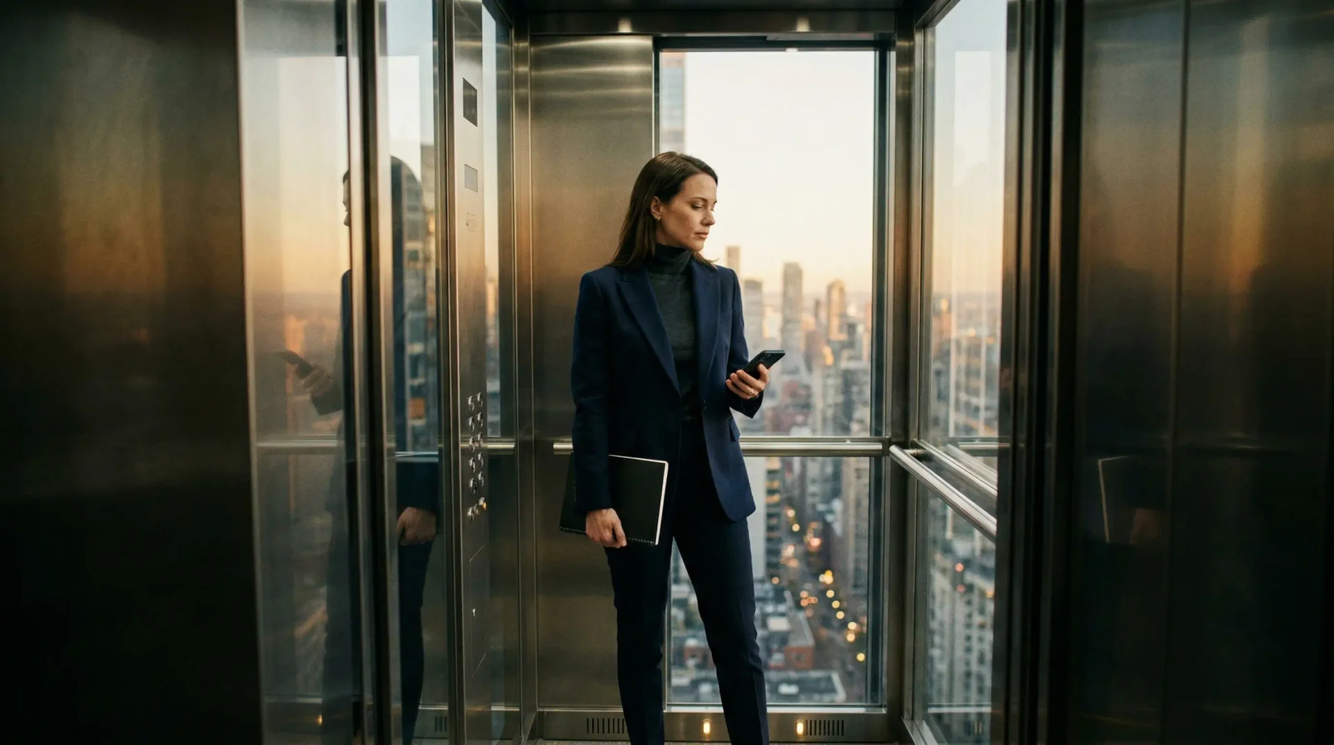 Founder preparing for investor scrutiny in a glass conference room at dawn