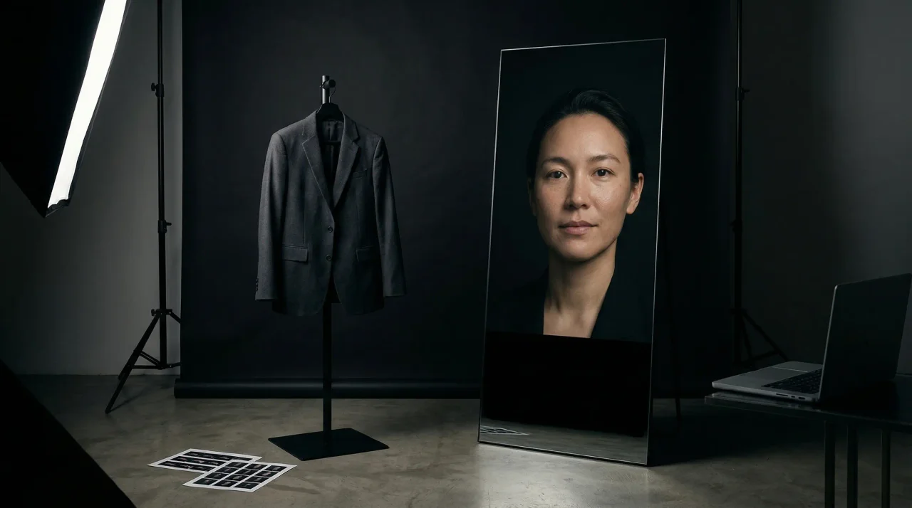 A professional headshot emerging from AI-generated portrait variations