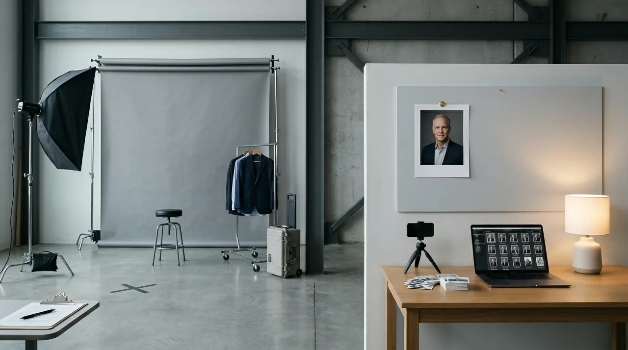 Portrait studio stool centered between an expensive traditional headshot setup and a fast AI workflow desk, visualizing the cost and time tradeoff