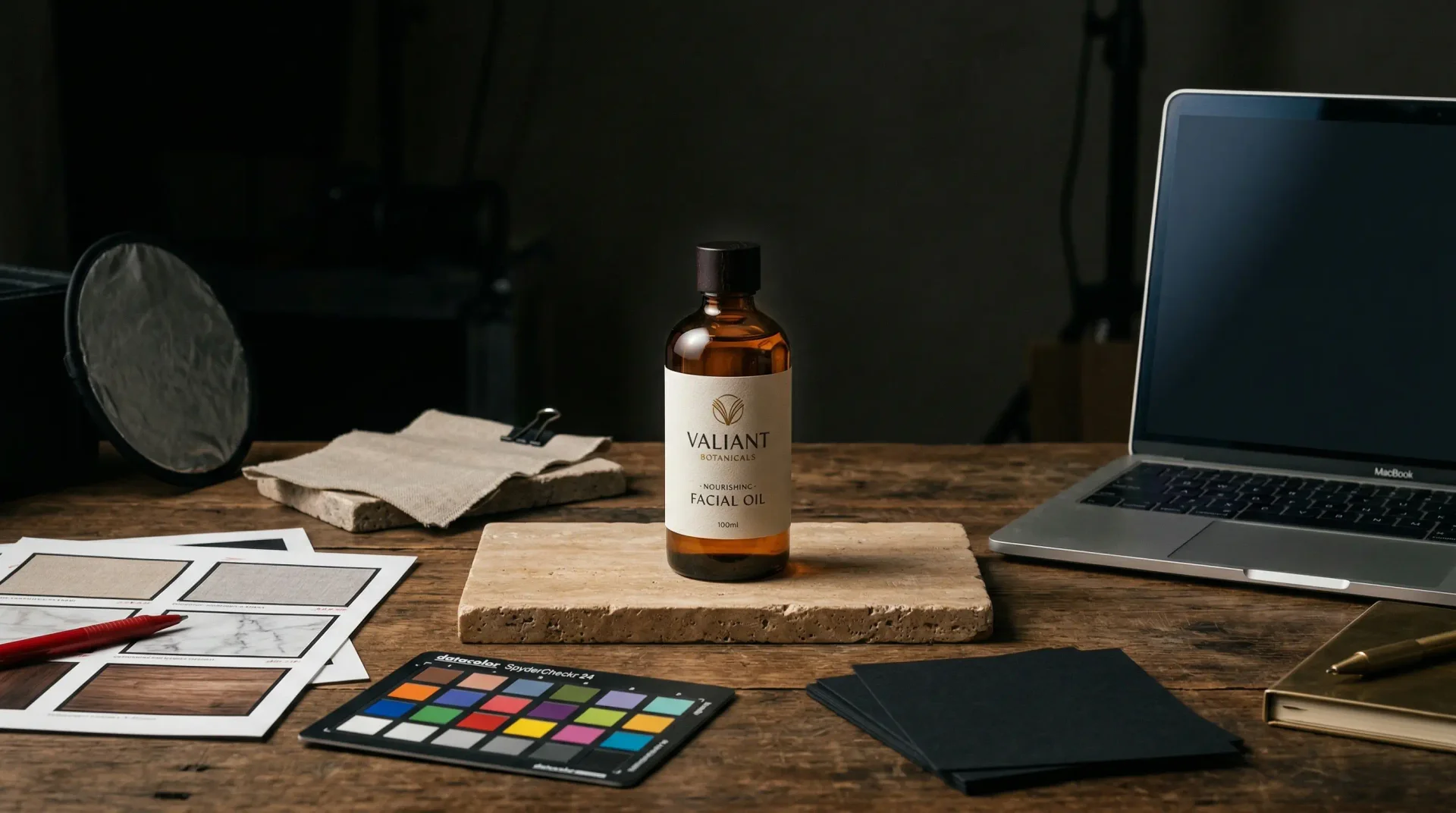 AI product photography hero image showing an amber ecommerce product bottle staged in a premium studio with test materials, contact sheets, and controlled dark negative space