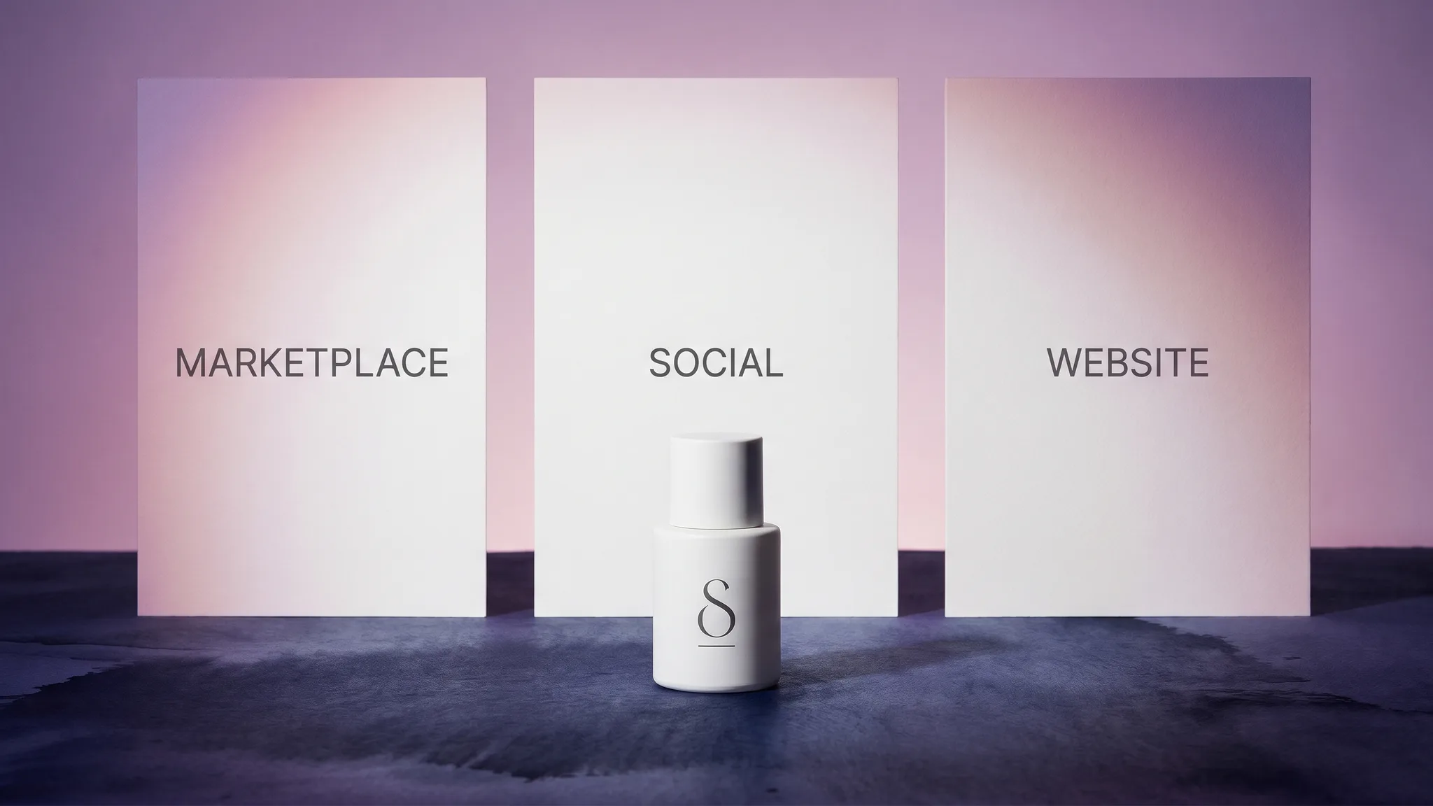 A matte-white product bottle on a dark blue tabletop with marketplace, social, and website output cards.