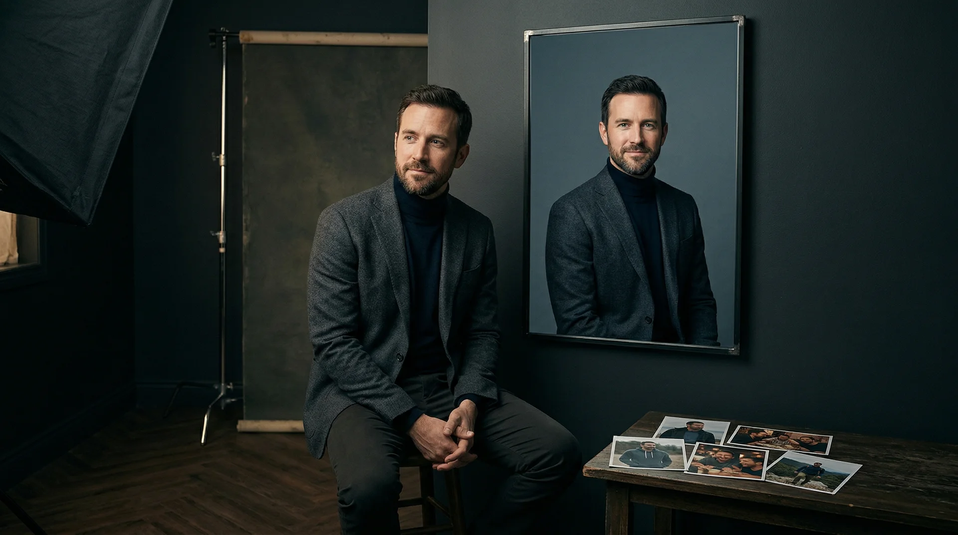 A founder in a dark portrait studio sits beside a mirror showing a sharper executive version of the same person, turning casual photos into a premium headshot identity.