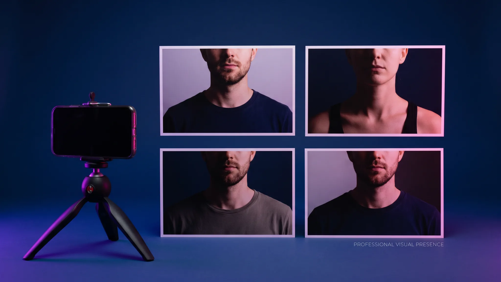 A studio test setup with phone tripod and four headshot cards under purple and pink edge lights.
