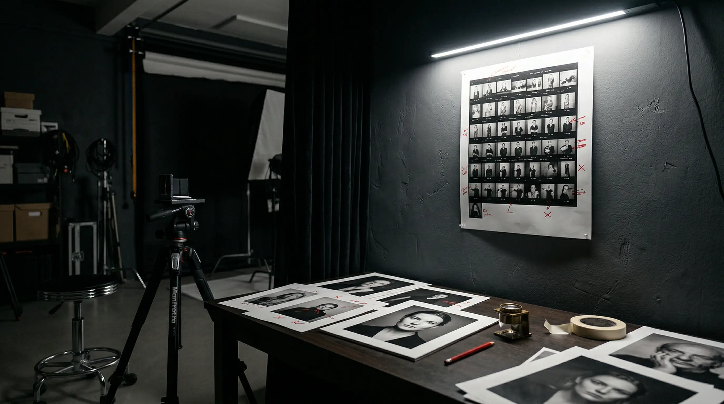 A recruiter review desk at night with a printed LinkedIn headshot under a hard spotlight, marked-up contact sheets, a scoring note, and coffee beside a phone