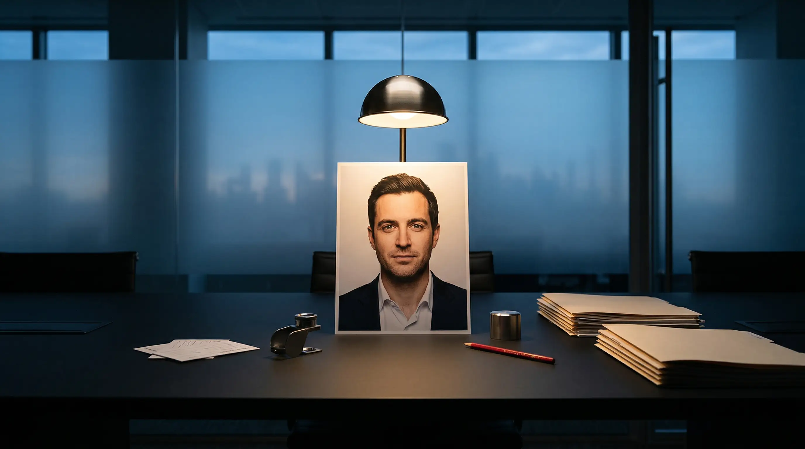 A professionally lit headshot print under inspection on a dark conference table with recruiter review tools